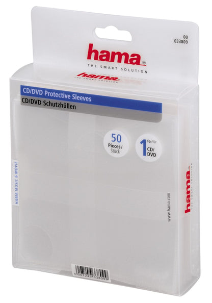 Hama CD/DVD-lomme med låg 50-pakke, klar plastæske, plads til 1 disk pr. lomme, produktinfo synlig på emballagen.