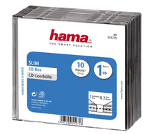 Hama CD-etui slimcase 10-pakke med 10 etuier til én CD hver, blå/hvid emballage, info på engelsk og tysk.