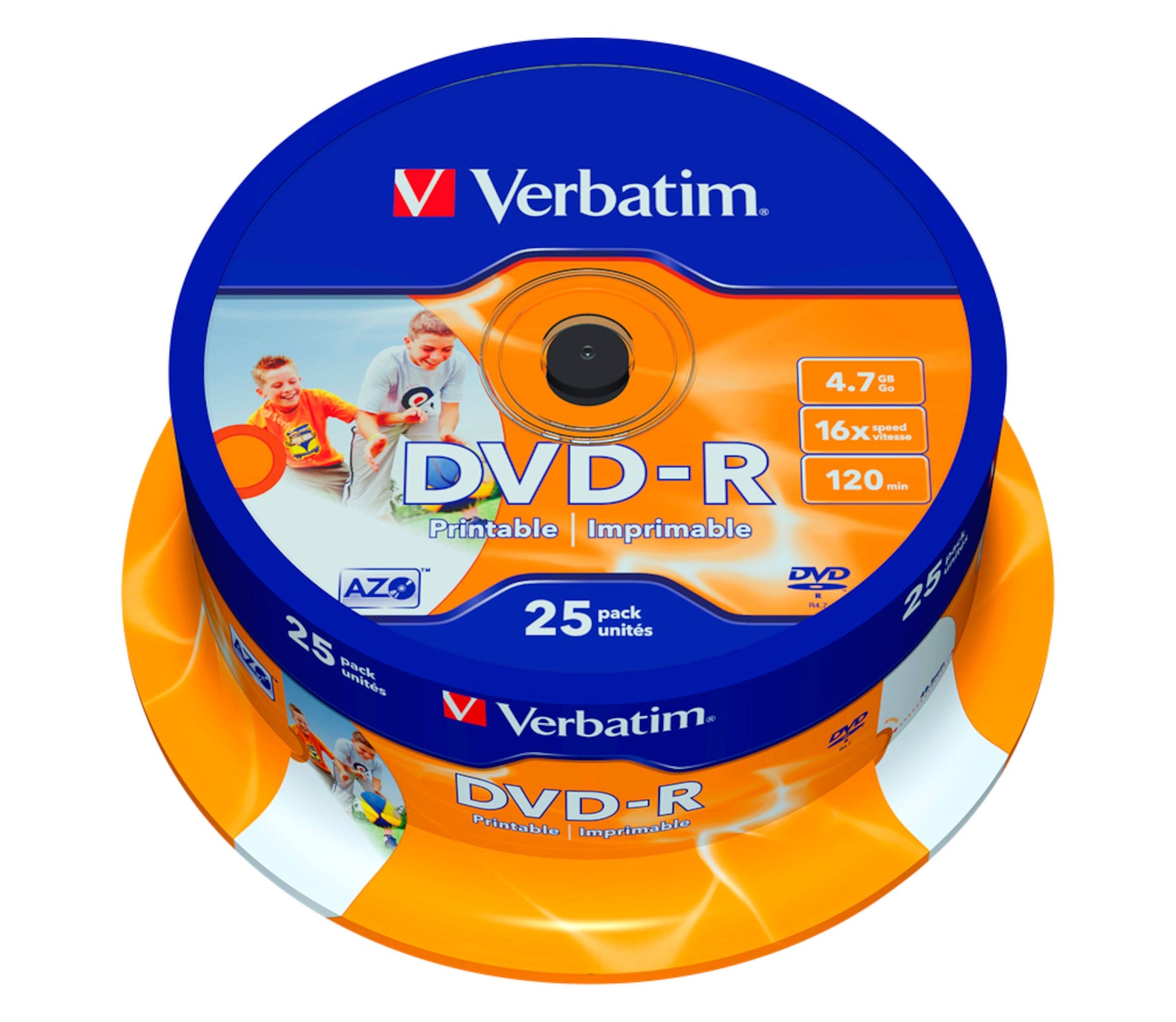 Verbatim DVD-R Inkjet 25-pak 4,7GB 120min printbar overflade blå-orange emballage med billeder af personer.