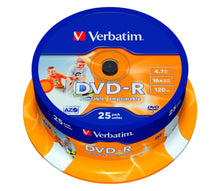 Verbatim DVD-R Inkjet 25-pak 4,7GB 120min printbar overflade blå-orange emballage med billeder af personer.