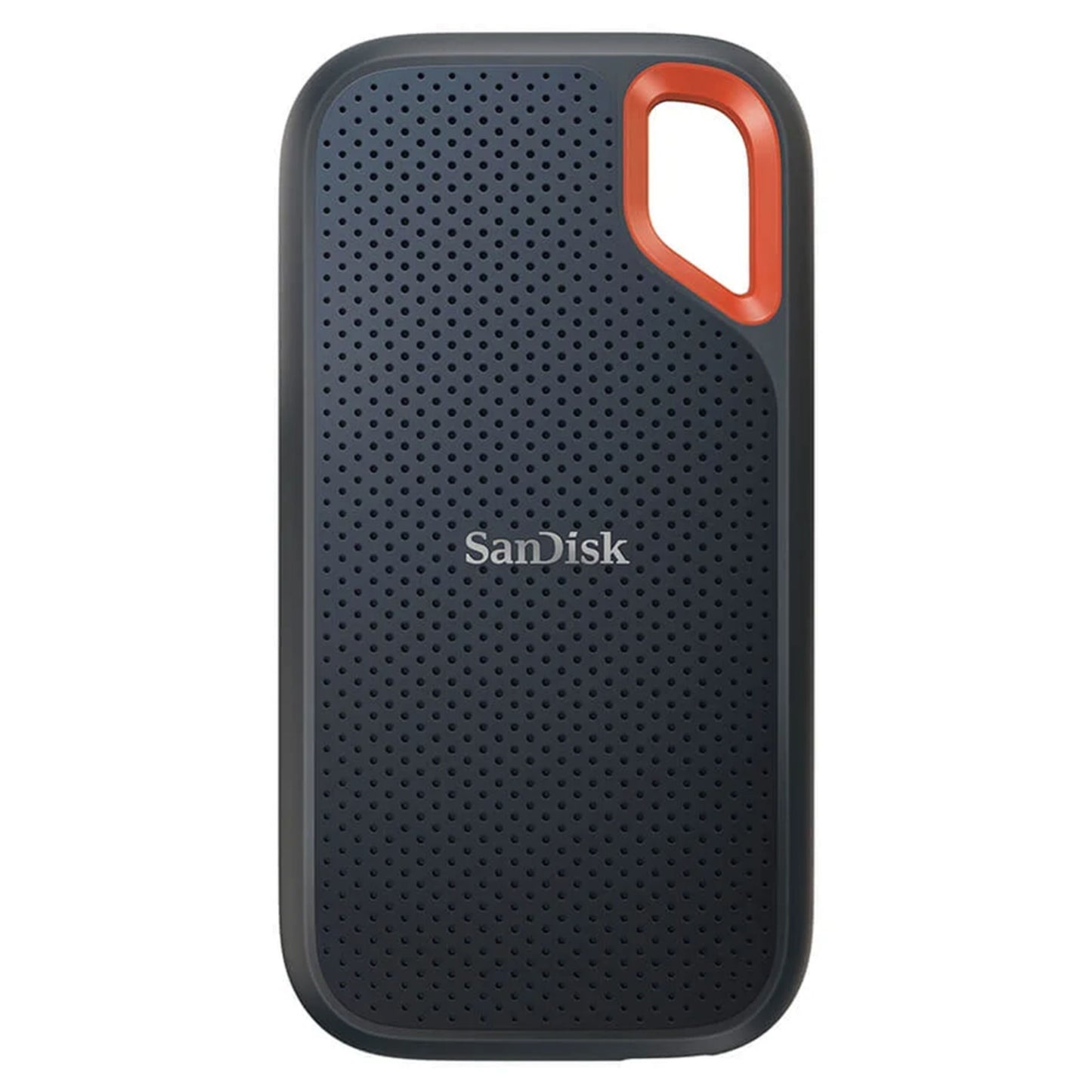 SanDisk Portable SSD Extreme 1TB, sort med prikket overflade og orange løkke, kompakt ekstern harddisk.