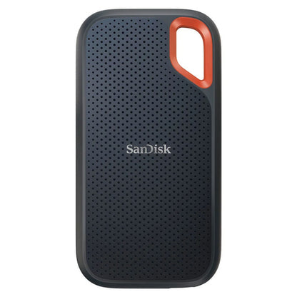 SanDisk Portable SSD Extreme 1TB, sort med prikket overflade og orange løkke, kompakt ekstern harddisk.