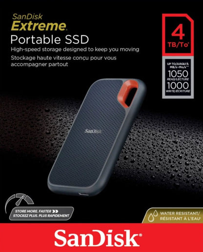 Sandisk Portable SSD Extreme 4TB, ekstern, 1050 MB/s, sort, vand- og støvafvisende, Sandisk-logo nederst.