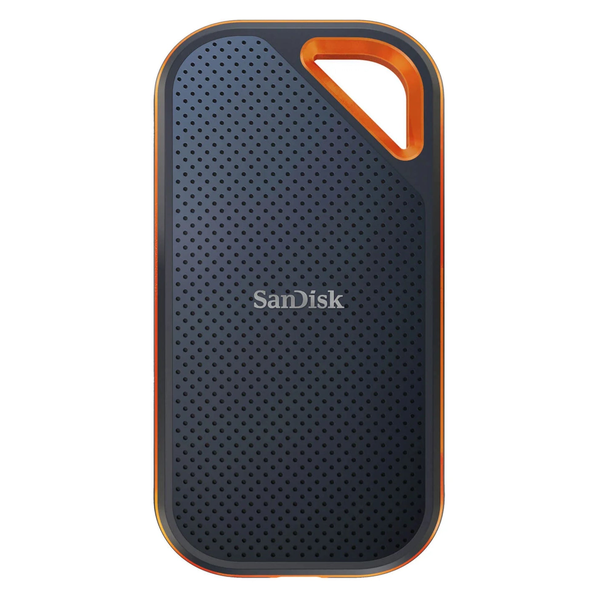 Sandisk Extreme PRO bærbar SSD 1 TB sort/orange, prikket overflade, trekantet udskæring, centreret Sandisk-logo.