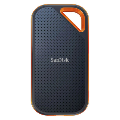 Sandisk Extreme PRO bærbar SSD 1 TB sort/orange, prikket overflade, trekantet udskæring, centreret Sandisk-logo.