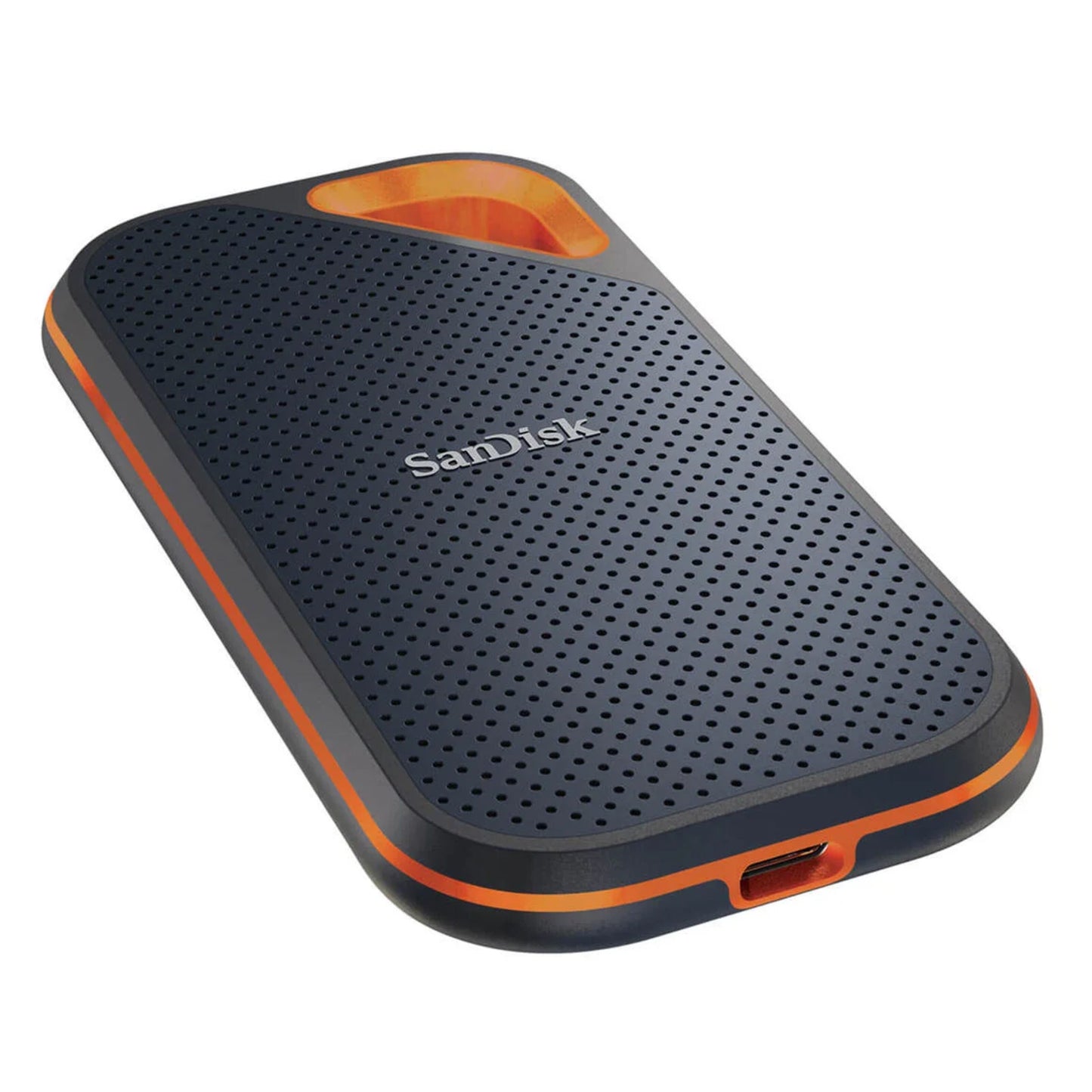 Sandisk Extreme PRO bærbar SSD 1TB med mørkeblå perforeret overflade, orange kant og USB-C-port nederst.