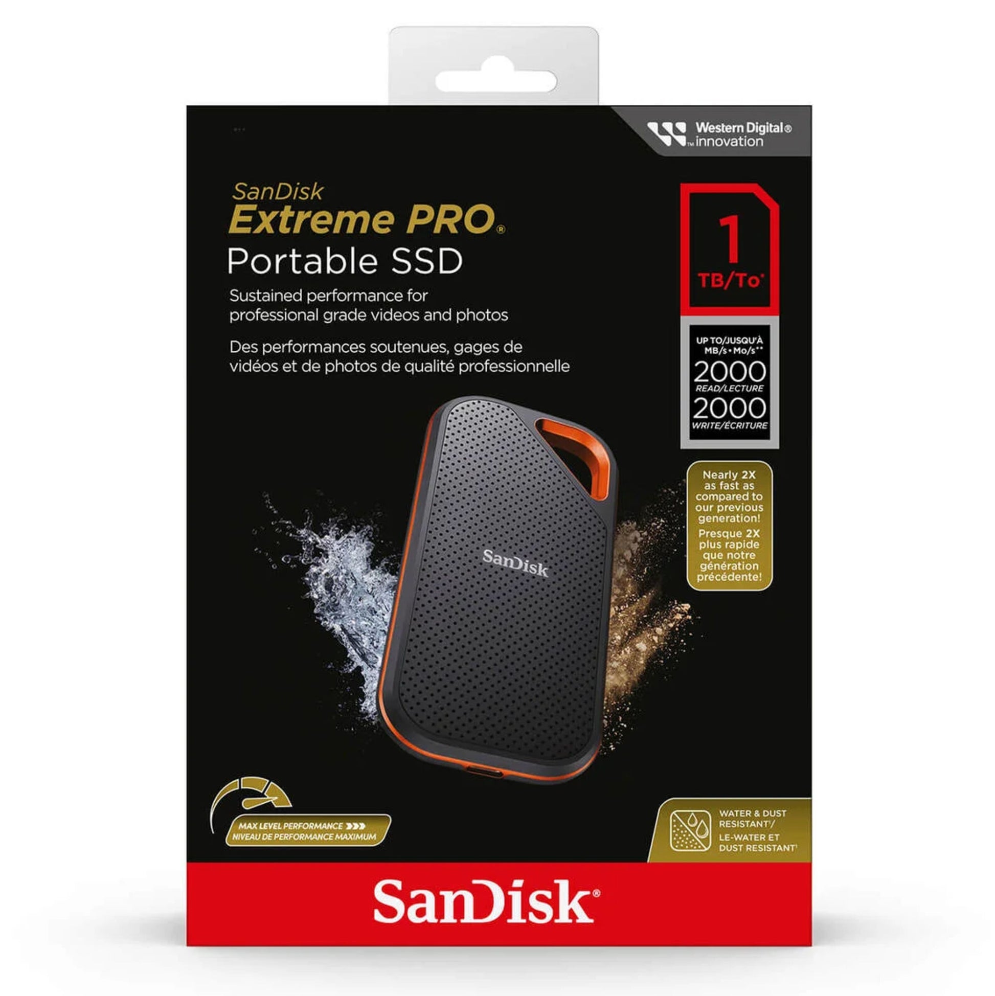 Sandisk Extreme PRO bærbar SSD 1TB, op til 2000MB/s, vand- og støvtæt, vises på emballage med produktbillede.