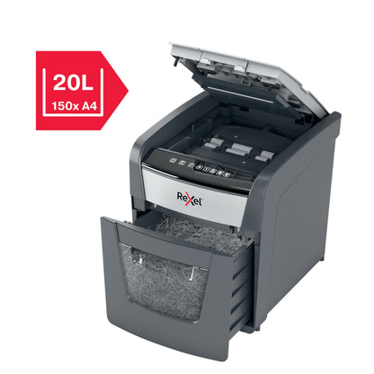 Rexel Optimum AutoFeed+ 50X dokumentskærer grå, åbent låg, synlig affaldsbeholder, 20L kapacitet, op til 150x A4 ark.