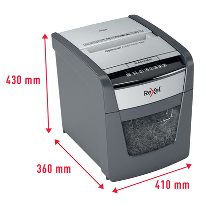 Rexel Optimum AutoFeed+ 50X grå dokumentskærer, cross-cut A4, transparent beholder, knapper med etiketter, 430x410x360 mm.