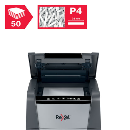 Rexel Optimum AutoFeed+ 50X dokumentskærer cross-cut A4, åben låget, betjeningsknapper, ikoner, op til 50 ark, P4 sikkerhed.