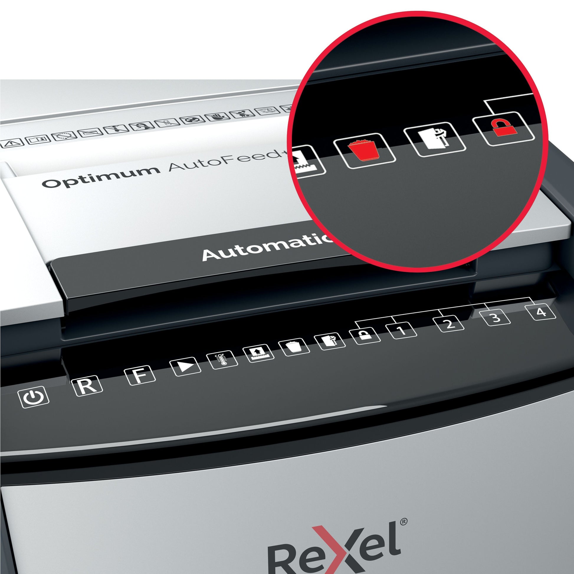 Rexel Optimum AutoFeed+ 50X dokumentskærer A4 kontrolpanel med cross-cut, rød bin, papirstop, strøm og lås symboler.