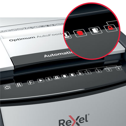 Rexel Optimum AutoFeed+ 50X dokumentskærer A4 kontrolpanel med cross-cut, rød bin, papirstop, strøm og lås symboler.