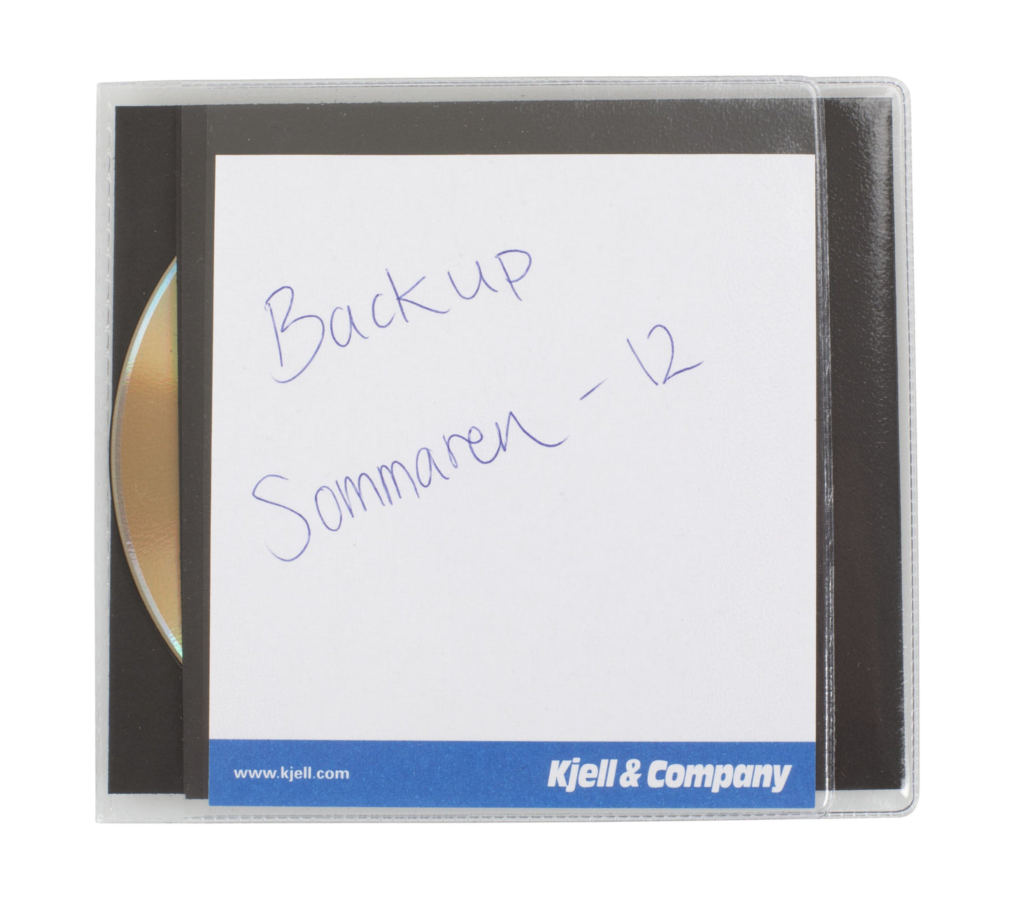 CD-lomme dobbelt med klæbemiddel 25-pak til cd-opbevaring, CD med tekst "Backup Sommaren -12", blåt/hvidt Kjell  Company-logo.
