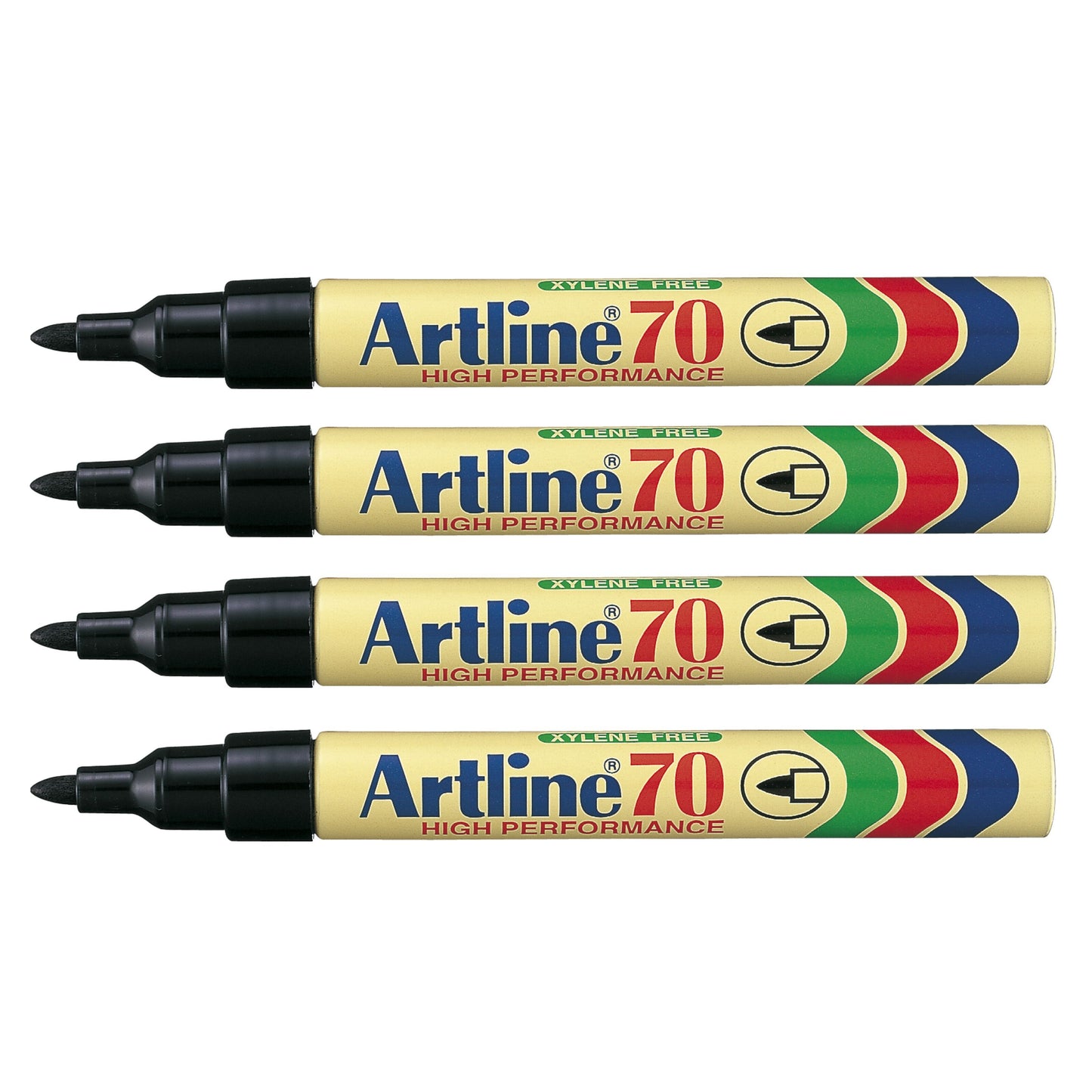 Artline Tuschpenna 70 Sort marker gul, sort hætte, blå/rød/grøn stribe på label, 4-pak.
