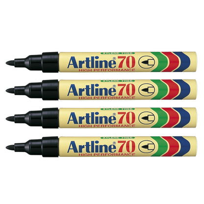 Artline Tuschpenna 70 Sort marker gul, sort hætte, blå/rød/grøn stribe på label, 4-pak.