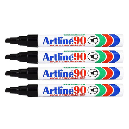 Artline 90 Sort permanent marker 4-pak, skrå spids, hvid krop med blå, rød og grøn stribe, sorte hætter.