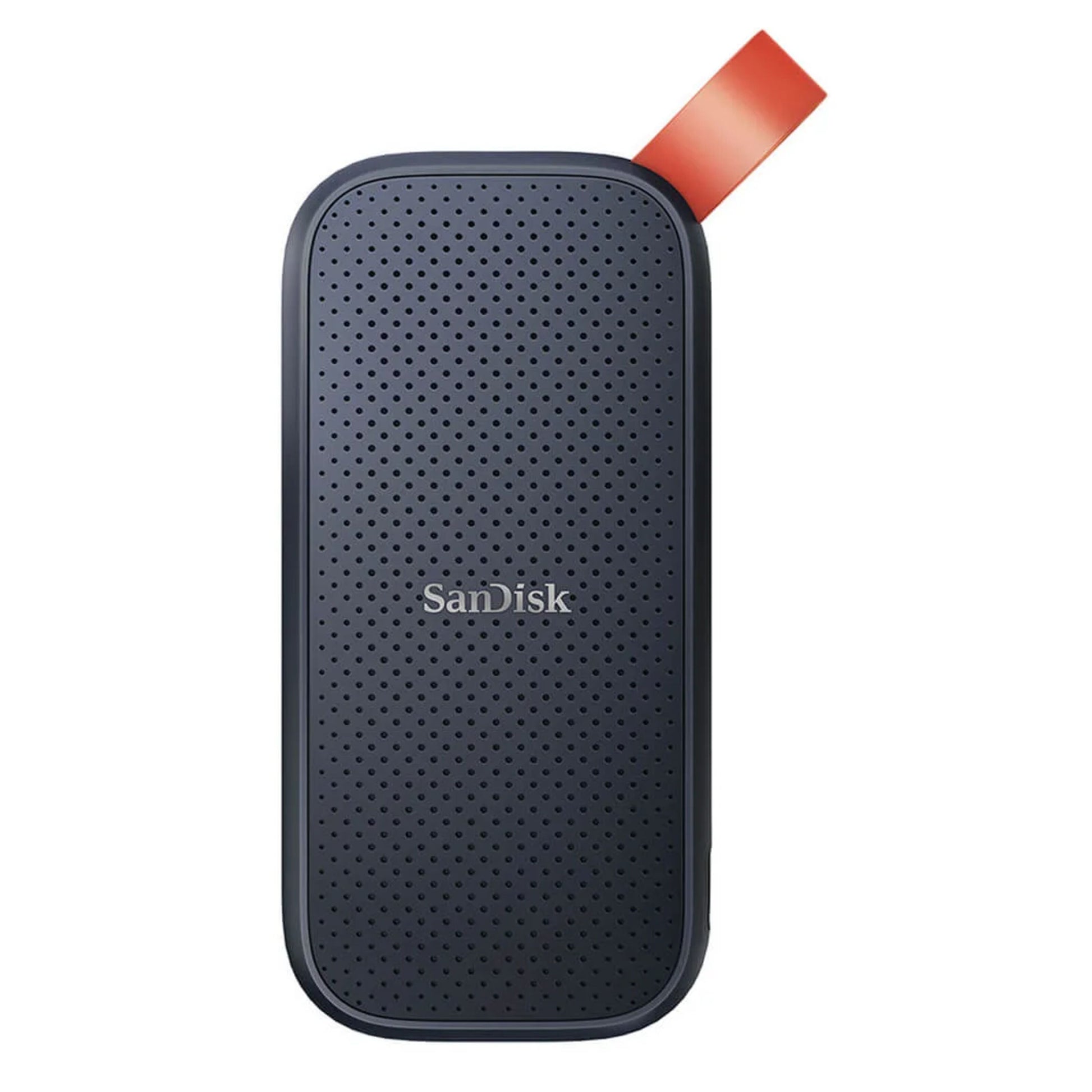 SanDisk bærbar SSD-harddisk 2 TB, sort med tekstureret overflade, orange løkke, centreret SanDisk-logo.