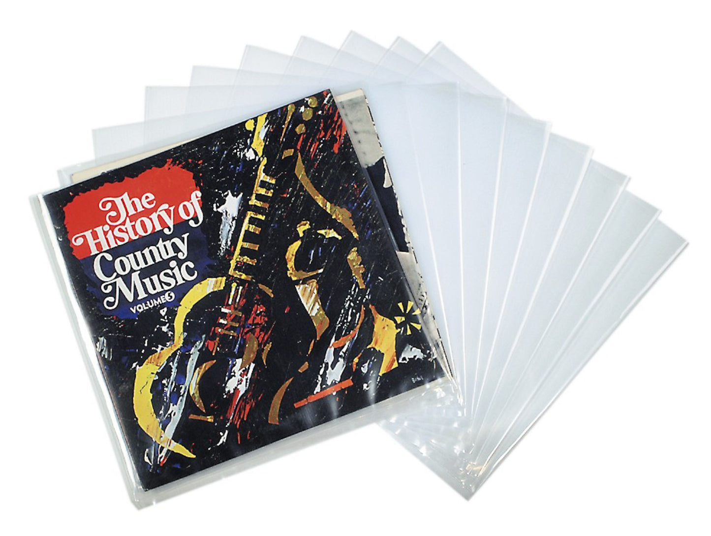 The History of Country Music vinyl delvist i klar LP-etui plastlomme, flere tomme lommer bredt lagt bagved.