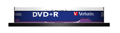 Verbatim DVD+R 10-pak i plastikspindel med blå og hvid label og Verbatim-logo, indeholder 10 DVD+R-diske.