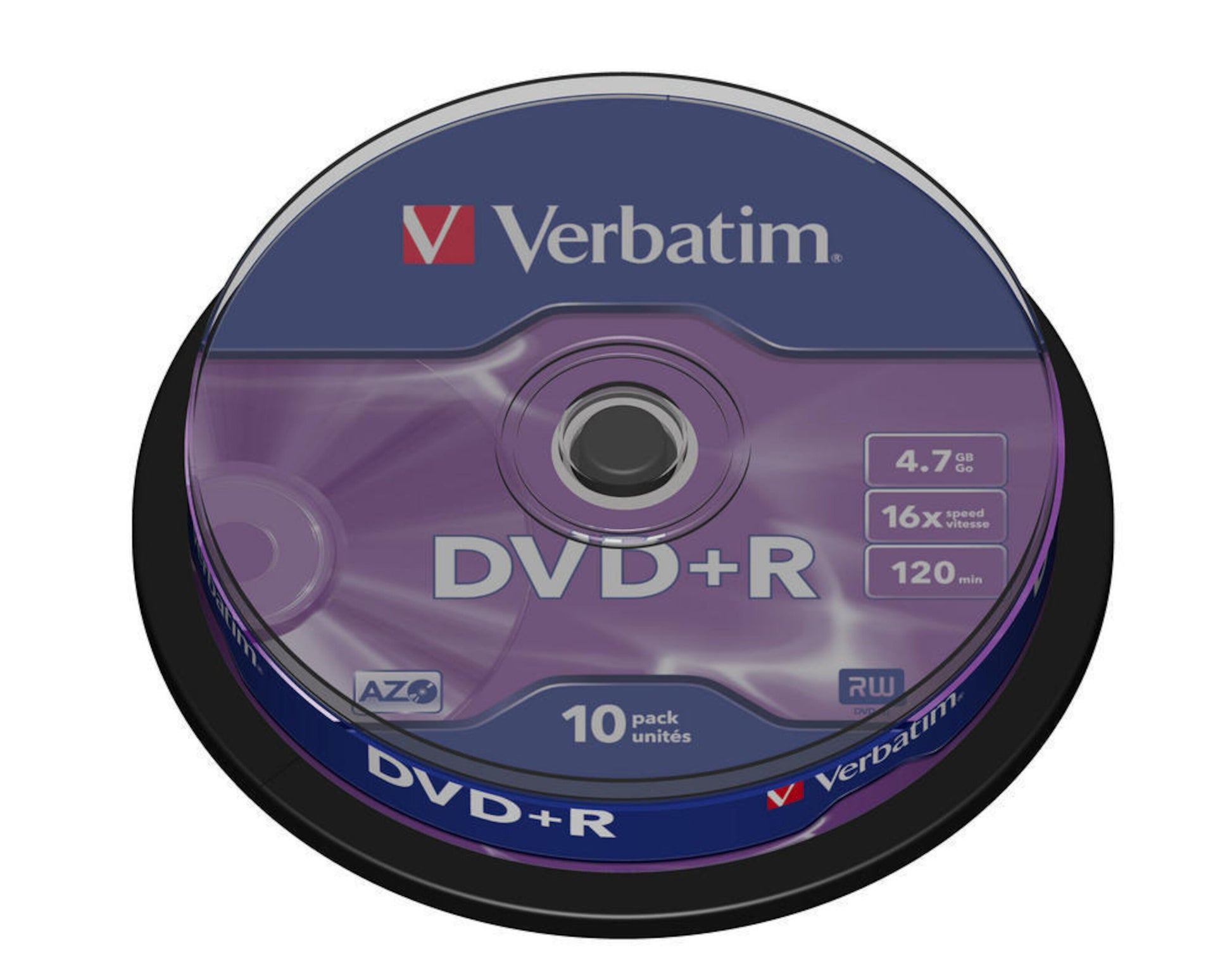 Verbatim DVD+R 10-pak, 4,7 GB, 120 min, 16x hastighed, spindel, sort/lilla emballage.