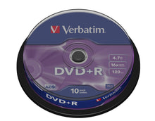 Verbatim DVD+R 10-pak, 4,7 GB, 120 min, 16x hastighed, spindel, sort/lilla emballage.