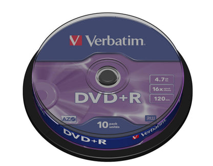 Verbatim DVD+R 10-pak, 4,7 GB, 120 min, 16x hastighed, spindel, sort/lilla emballage.