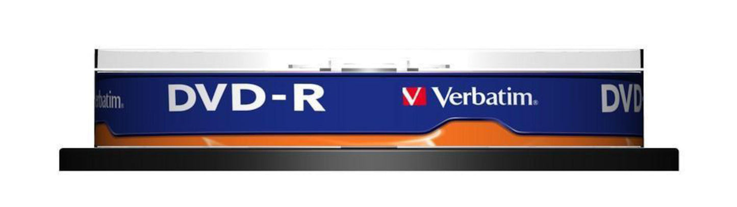 Verbatim DVD-R 10-pak på spindel, blå/orange design med Verbatim-logo, DVD-R-tekst og 4,7 GB kapacitet pr. disk.