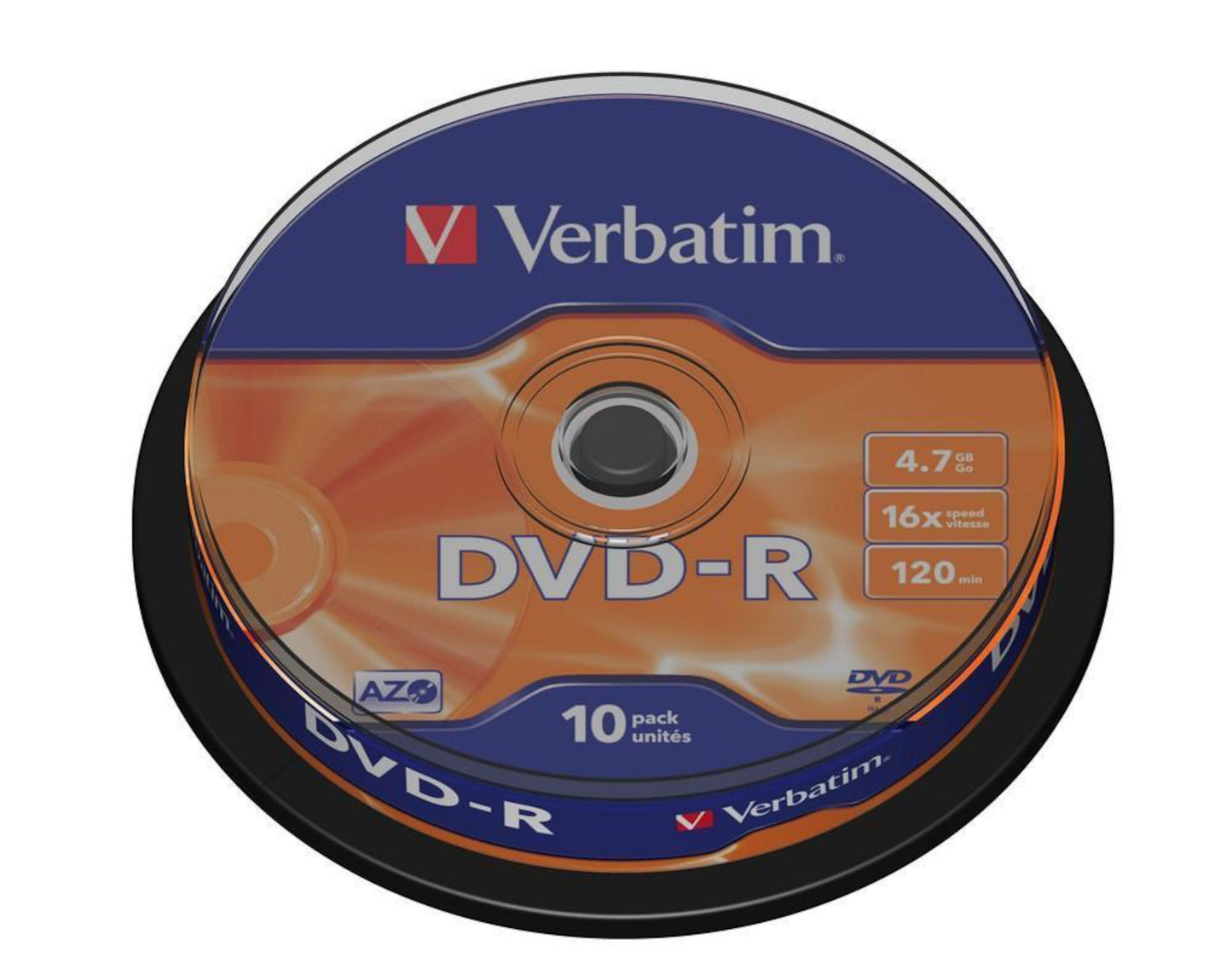 Verbatim DVD-R 10-pak spindel 4,7 GB 16x 120 min orange og blå etiketter på emballagen.
