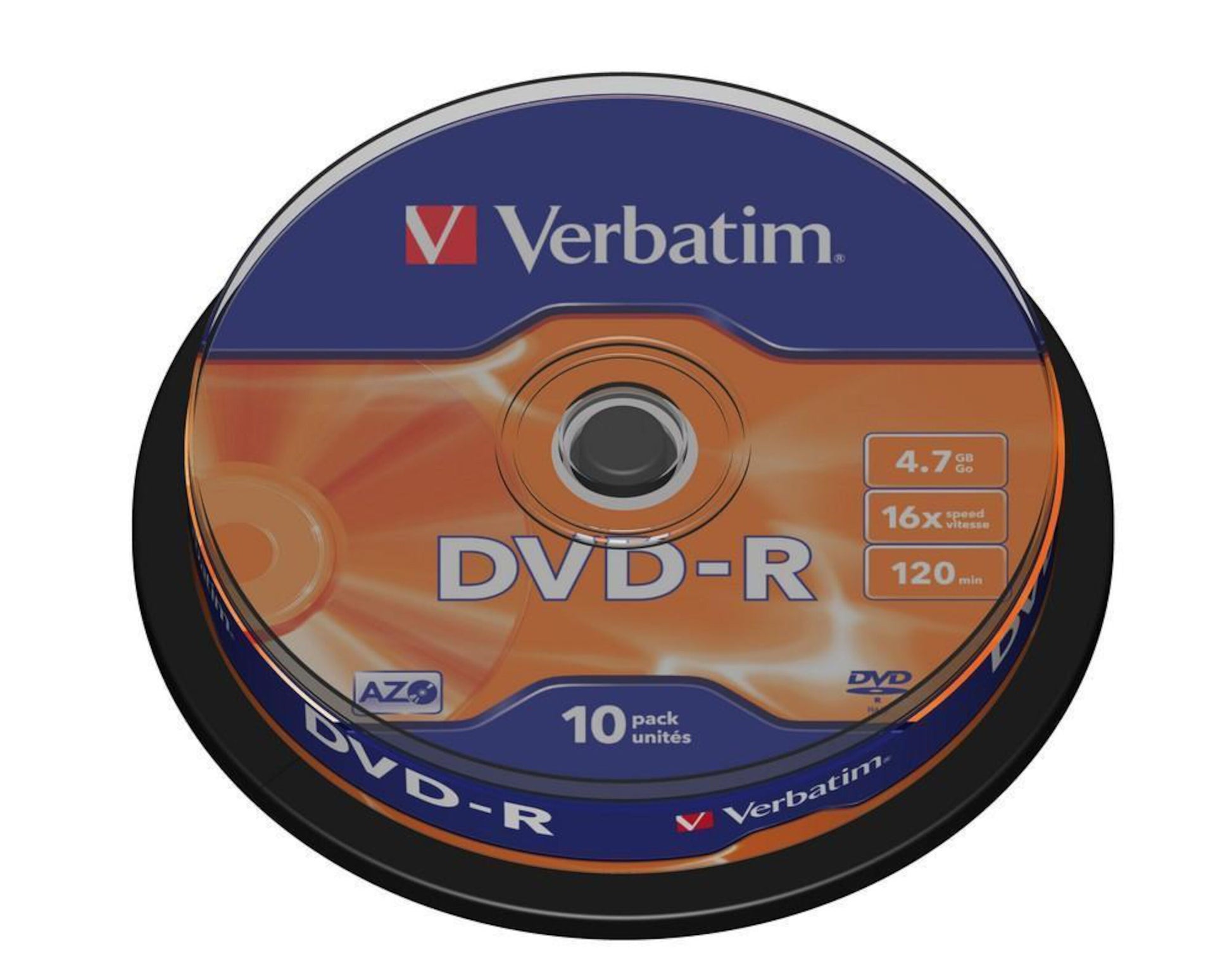 Verbatim DVD-R 10-pak spindel 4,7 GB 16x 120 min orange og blå etiketter på emballagen.
