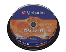 Verbatim DVD-R 10-pak spindel 4,7 GB 16x 120 min orange og blå etiketter på emballagen.