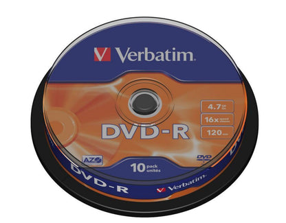 Verbatim DVD-R 10-pak spindel 4,7 GB 16x 120 min orange og blå etiketter på emballagen.