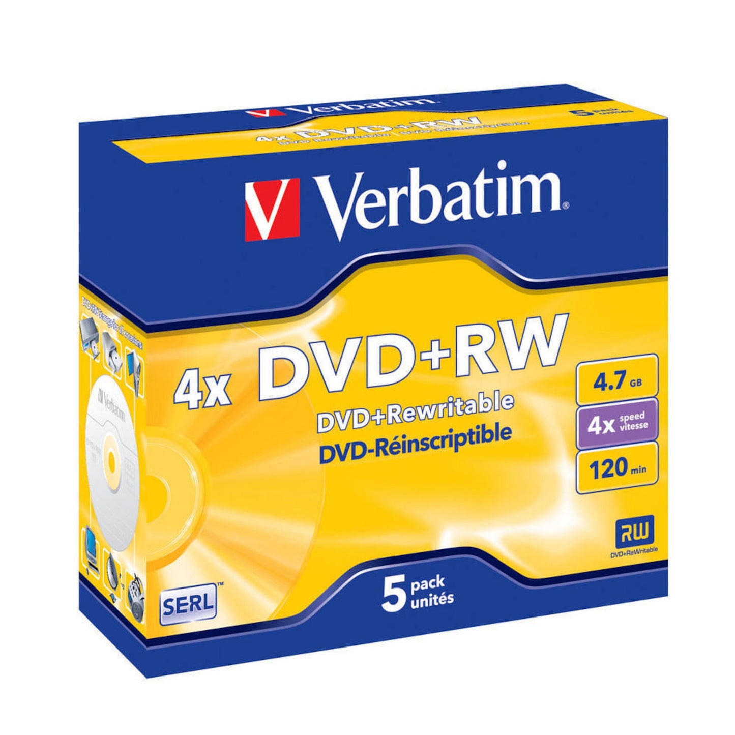 Verbatim DVD+RW 5-pack i etuier, 4.7GB kapacitet, 120 min optagelse, 4x hastighed pr. disc.