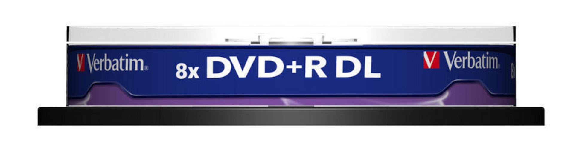 Verbatim DVD+R DL 10-pack, spindel, sidevisning i cake box med blå/lilla label på sort base, 8,5 GB pr. skive.