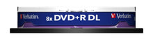 Verbatim DVD+R DL 10-pack, spindel, sidevisning i cake box med blå/lilla label på sort base, 8,5 GB pr. skive.