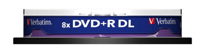 Verbatim DVD+R DL 10-pack, spindel, sidevisning i cake box med blå/lilla label på sort base, 8,5 GB pr. skive.