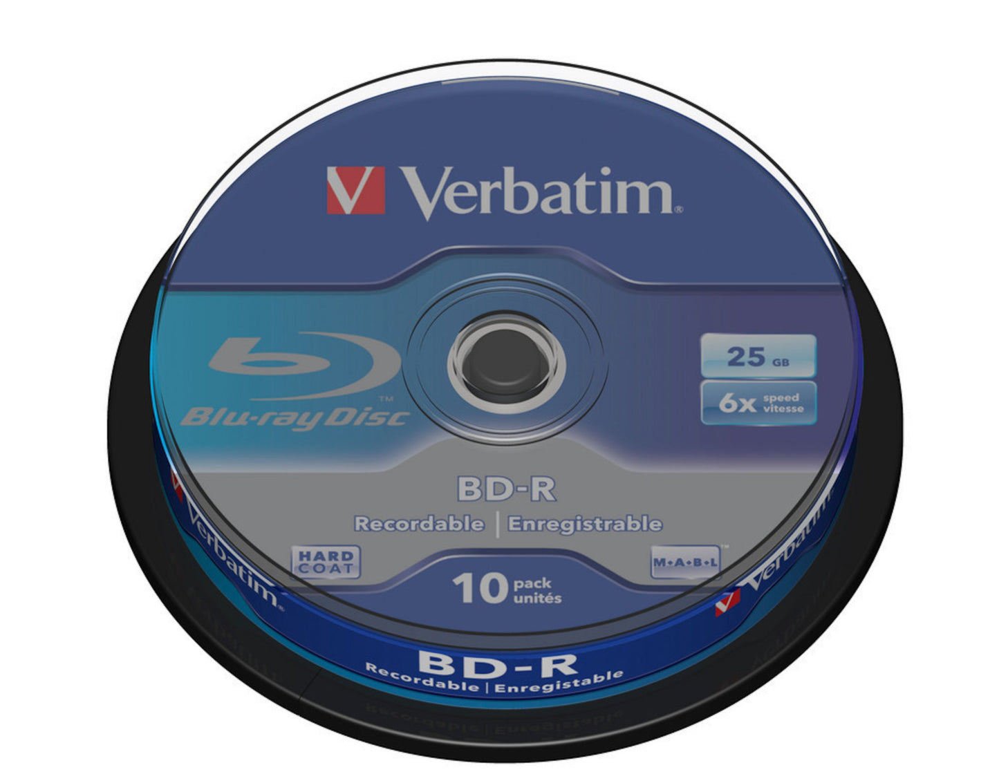 Verbatim Blu-ray 10-pack i spindle, 25GB, 6x speed, blå emballage med hvidt og sølv logo.