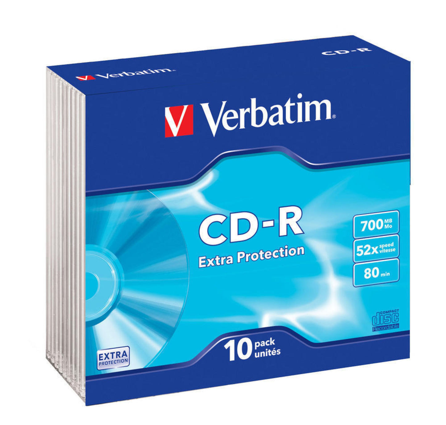 Verbatim CD-R 10-pack i slanktui, Extra Protection, 700 MB, 52x, 80 min, blå emballage med Verbatim-logo og CD-billede.