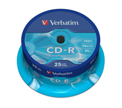 Verbatim CD-R 25-pack, 700 MB, op til 52x hastighed, 80 min pr. disc, blå emballage med hvidt og sølv logo.