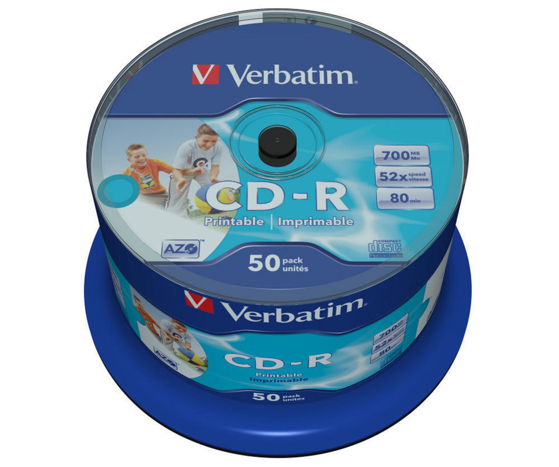 Verbatim CD-R Inkjet 50-pak i blå og hvid emballage med info om kapacitet, hastighed og varighed på etiketten.