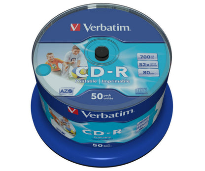 Verbatim CD-R Inkjet 50-pak i blå og hvid emballage med info om kapacitet, hastighed og varighed på etiketten.