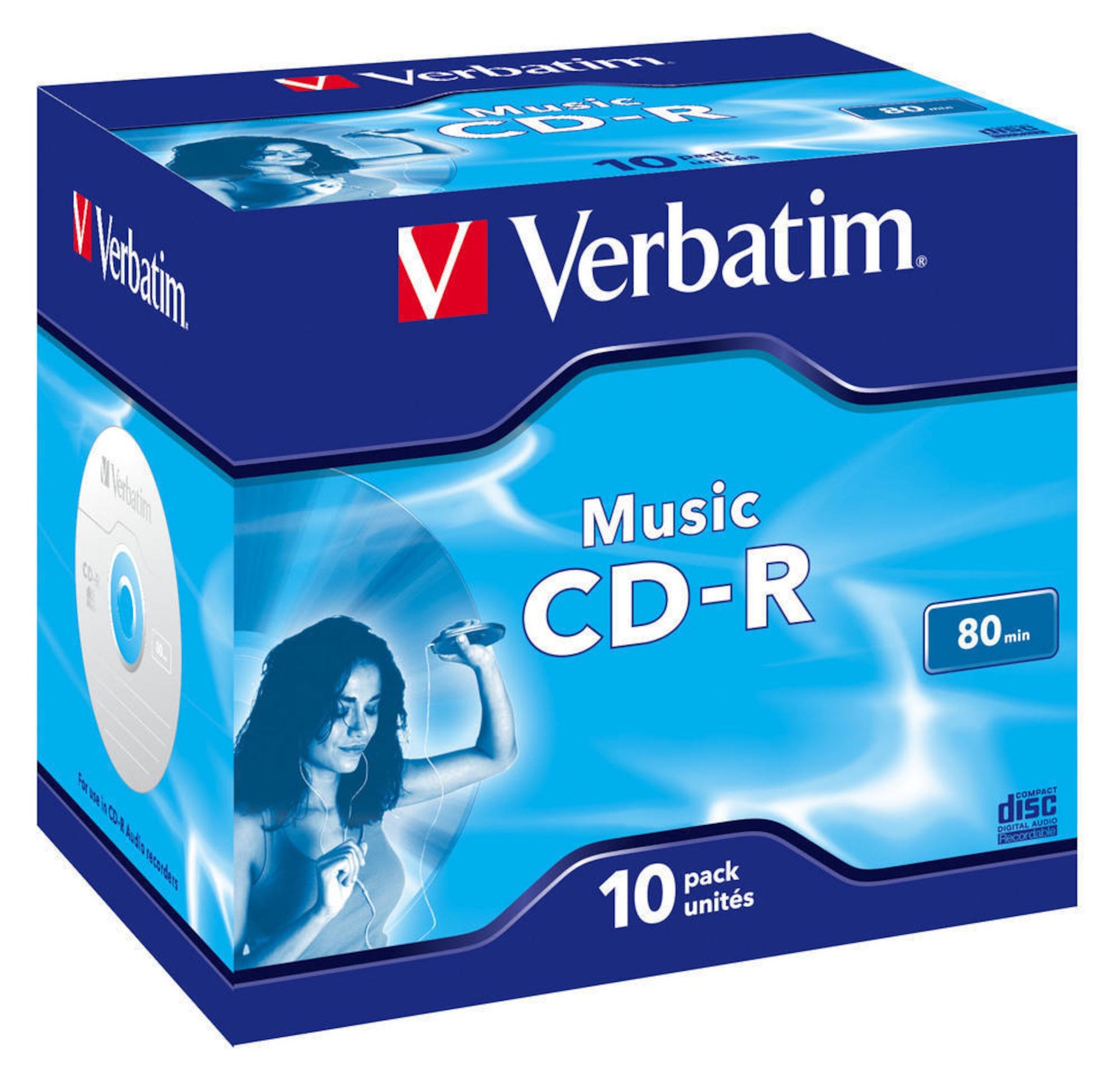 Verbatim CD-R Audio/Musik 10-pak, 80 min, blå æske med Verbatim-logo, motiv af kvinde med hovedtelefoner og noder.