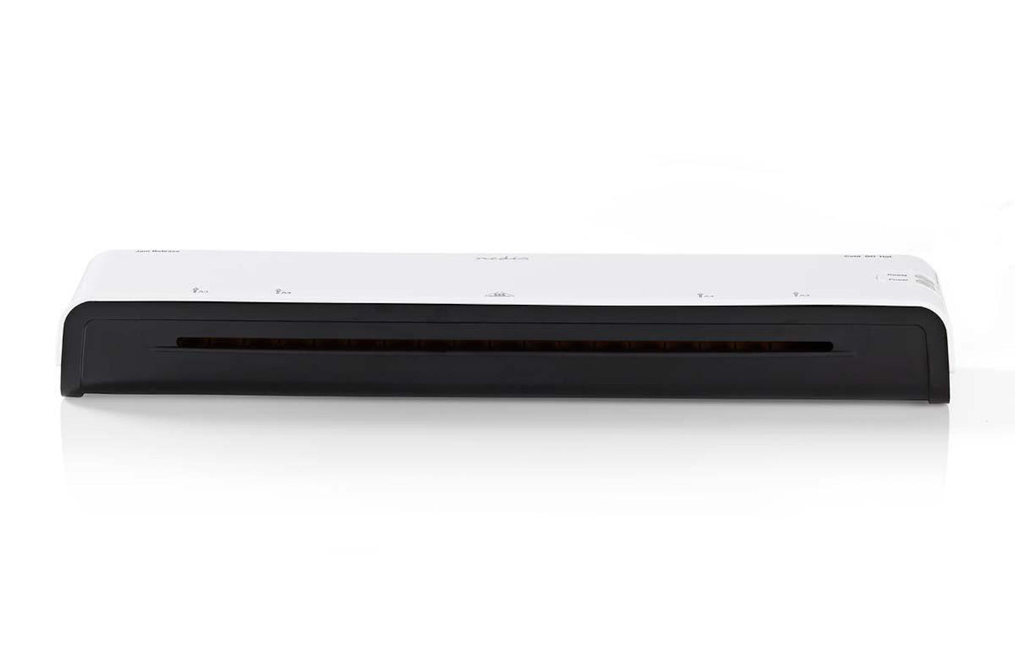 Sort og hvid flatbed dokumentscanner ved siden af Nedis lamineringsmaskine i A3-format.