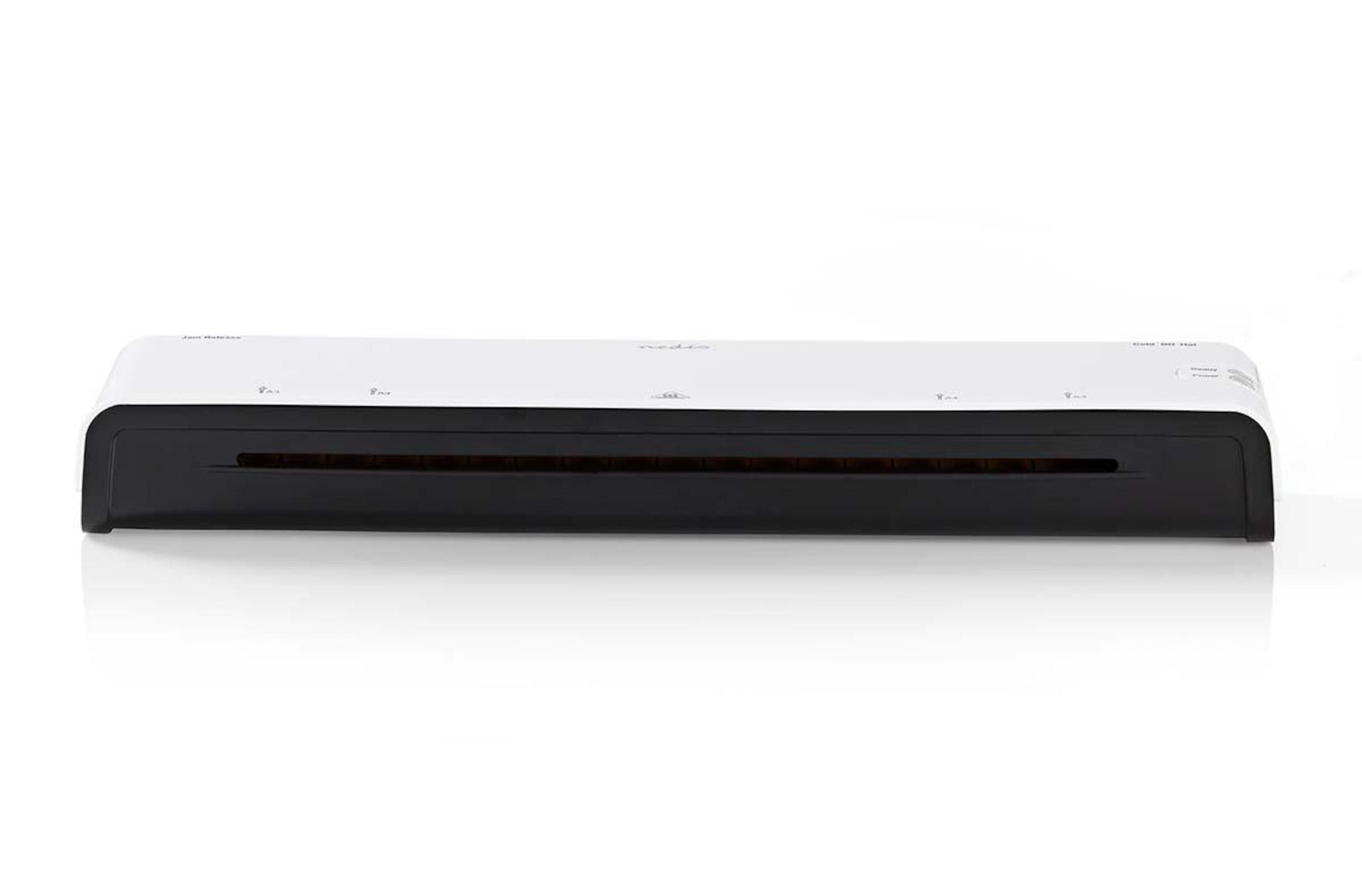 Sort og hvid flatbed dokumentscanner ved siden af Nedis lamineringsmaskine i A3-format.