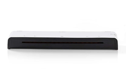 Sort og hvid flatbed dokumentscanner ved siden af Nedis lamineringsmaskine i A3-format.