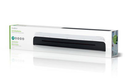 Nedis Lamineringsmaskine A3-format æske med logo, billeder af laminator, tekst om varm og kold laminering.