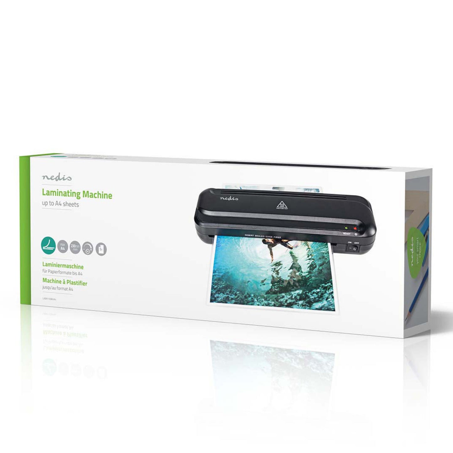Nedis lamineringsmaskine A4-format, æske viser laminator i brug med undervandsfoto, A4 og hurtig laminering.