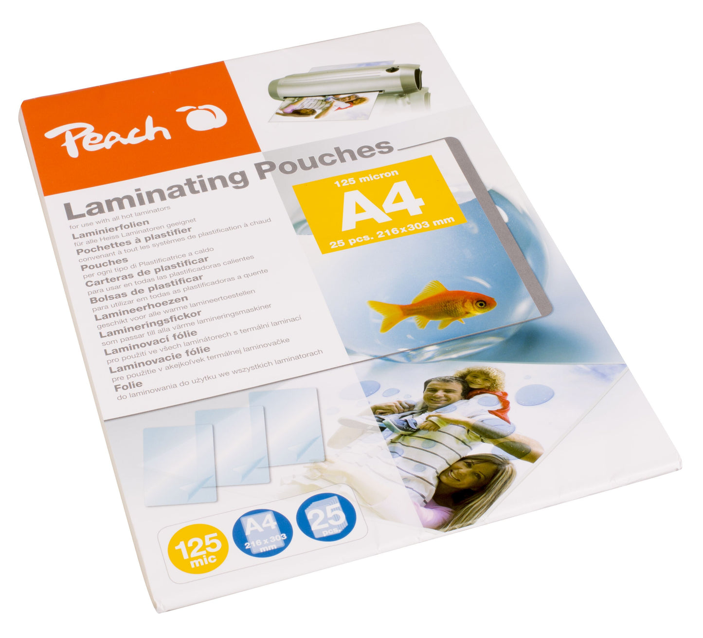 Peach lamineringslommer A4 25 stk 125 micron emballage med lamineringsmaskine, guldfisk, familie og multisporg info.
