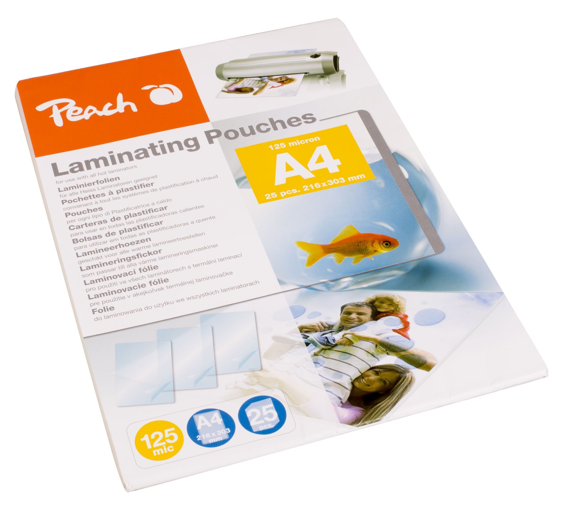 Peach lamineringslommer A4 25 stk 125 micron emballage med lamineringsmaskine, guldfisk, familie og multisporg info.
