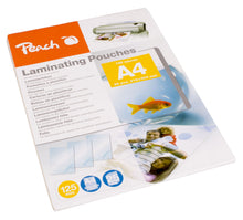 Peach lamineringslommer A4 25 stk 125 micron emballage med lamineringsmaskine, guldfisk, familie og multisporg info.