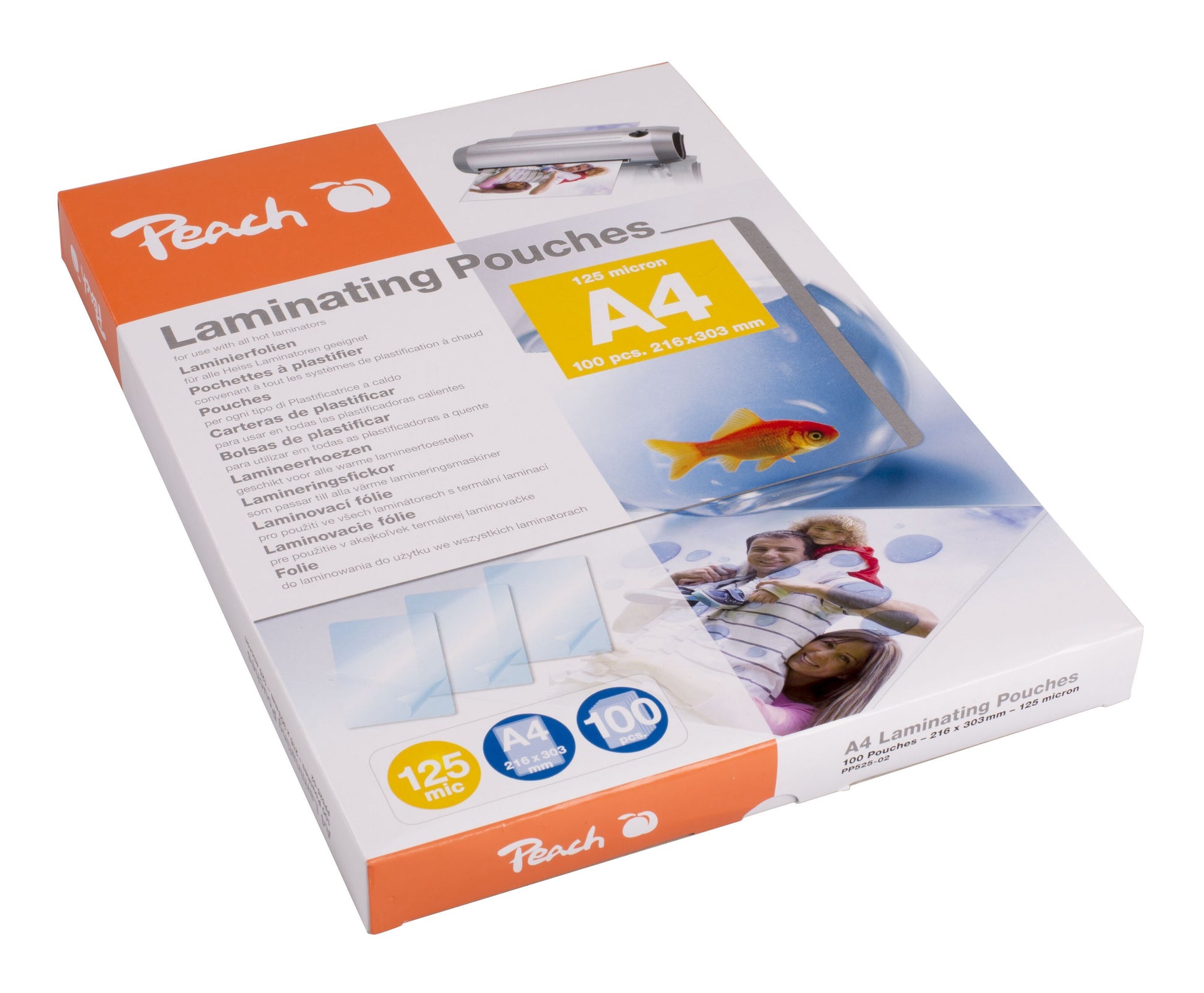 Peach Lamineringslommer A4 100 stk æske med billede af laminator, guldfisk og familiefoto på emballagen.